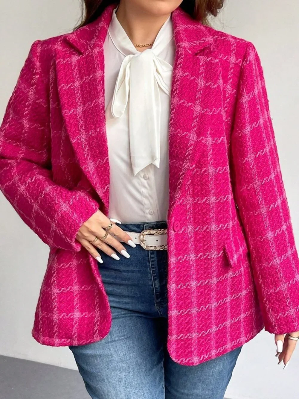 Pink Casual Women's Plus Size Elegant Plaid Long Sleeve Warm Blazer Jacket